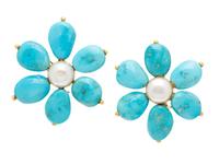 MAZ, TURQUOISE, MABÉ PEARL, AND YELLOW GOLD FLOWER EARRINGS