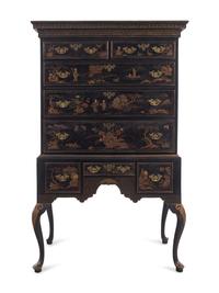 Queen Anne Japanned Lacquered Pine and Maple Flat Top High Chest
