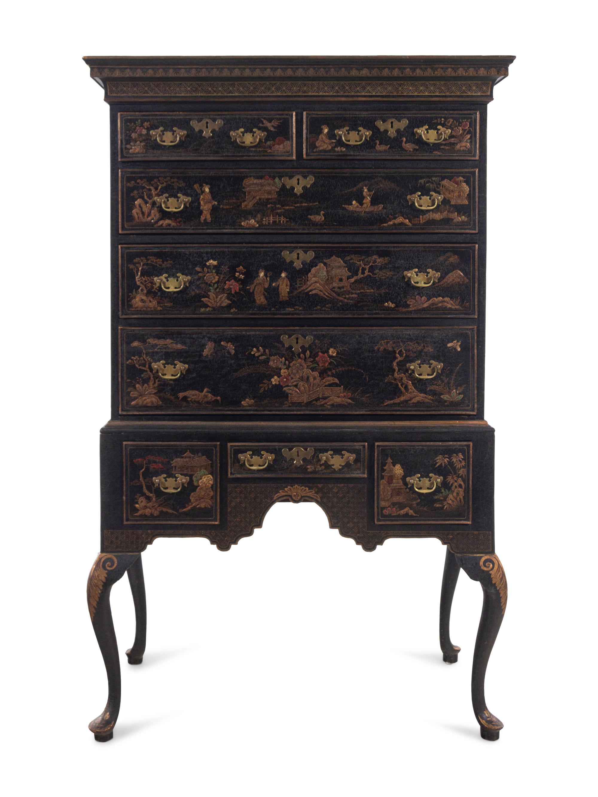 Queen Anne Japanned Lacquered Pine and Maple Flat Top High Chest