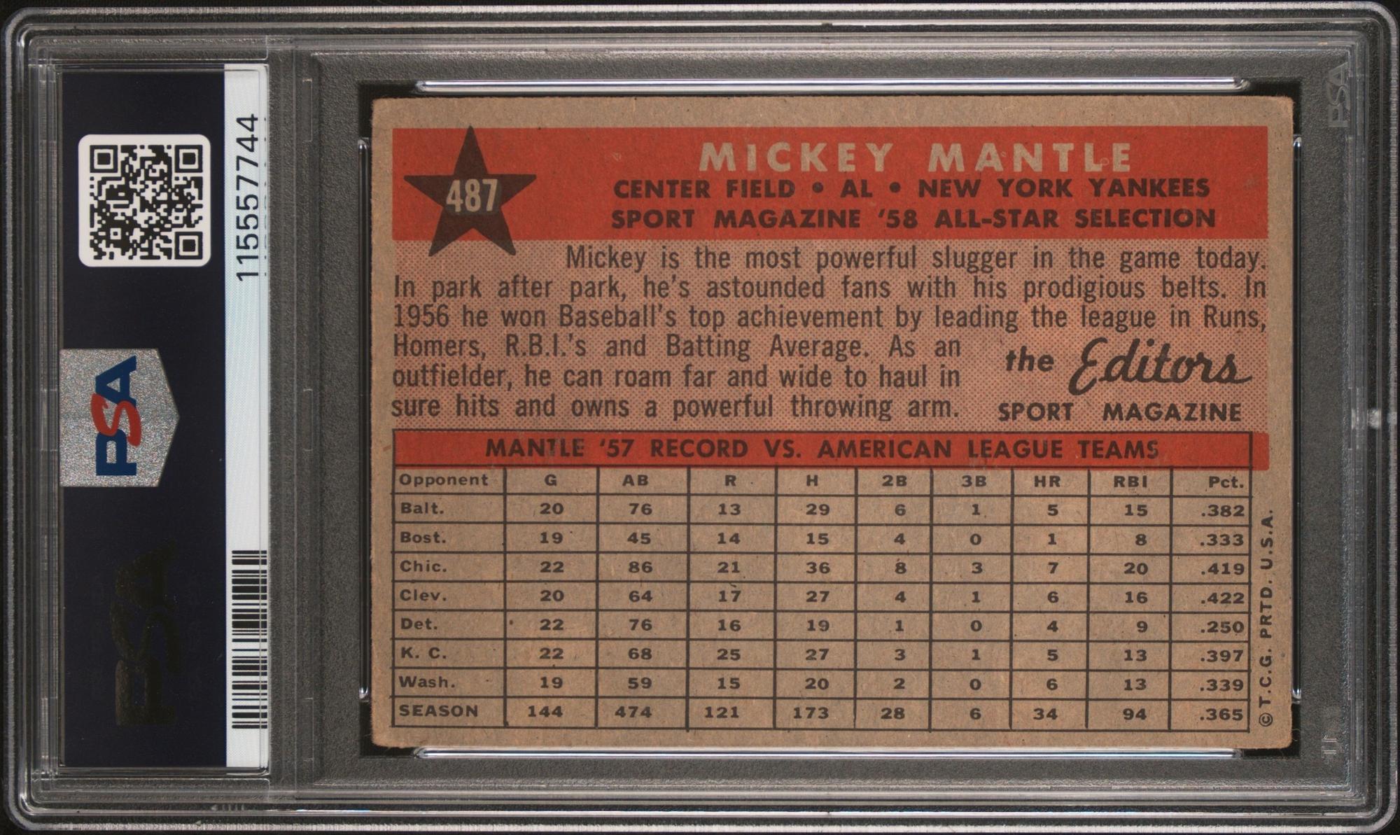 A 1958 Topps Mickey Mantle All Star Baseball Card No. 487 (PSA 2 GOOD) from The Collection of David Eisenhower