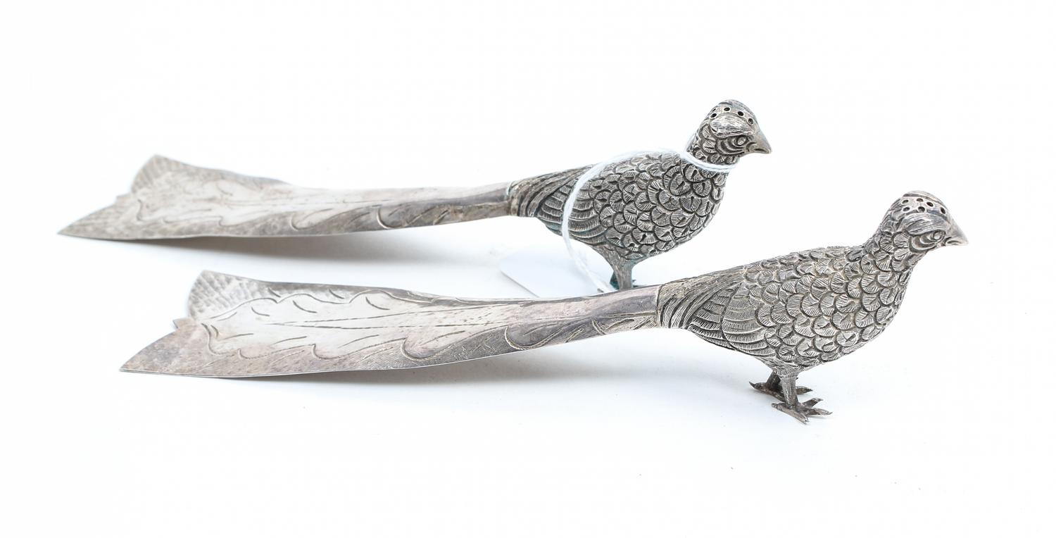 A Pair of Mexican Silver Castors, Maciel, each in the form of a peacock.