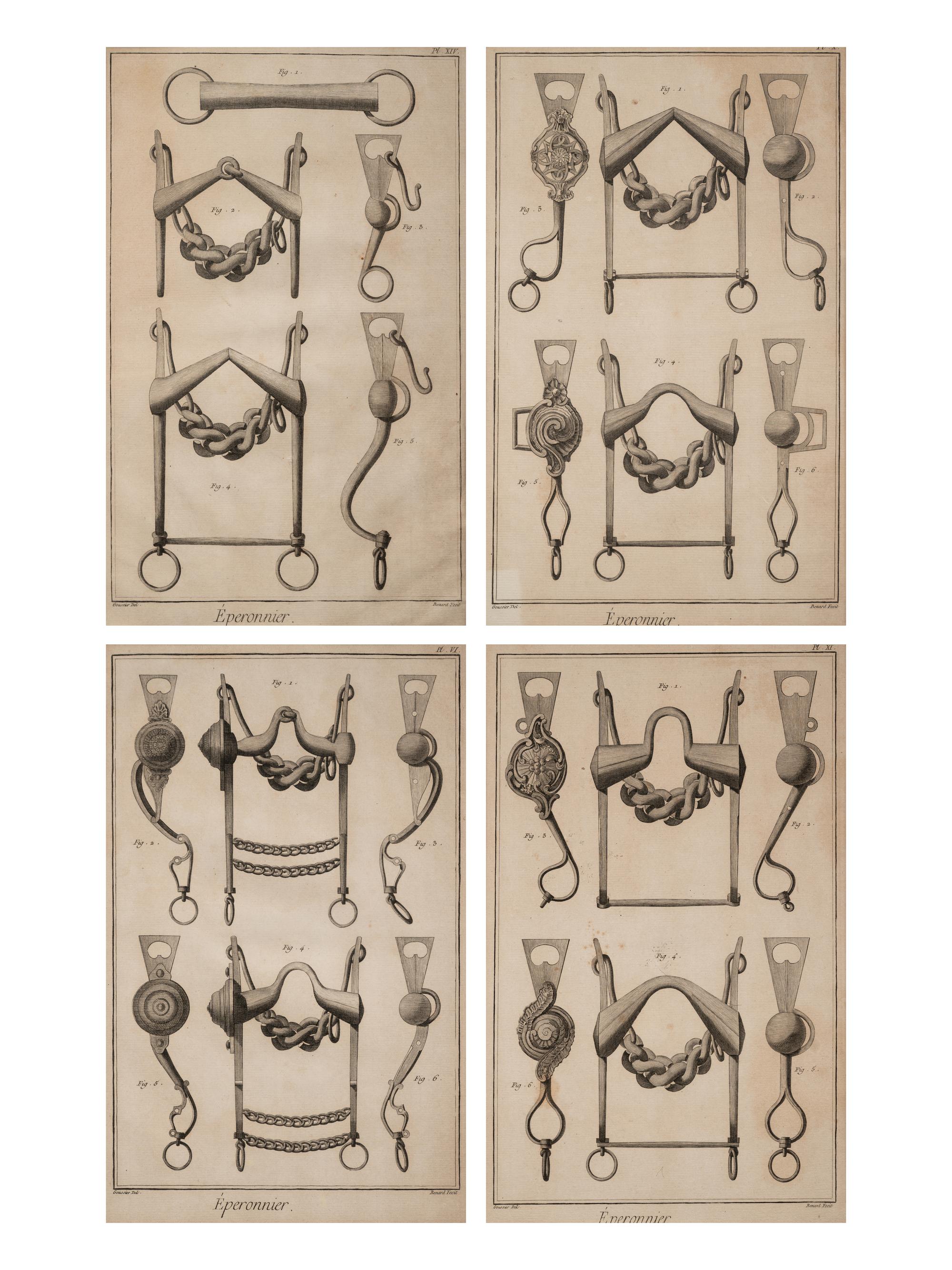 Four Engravings Depicting Horse Spurs, after Louis-Jacques Goussier
