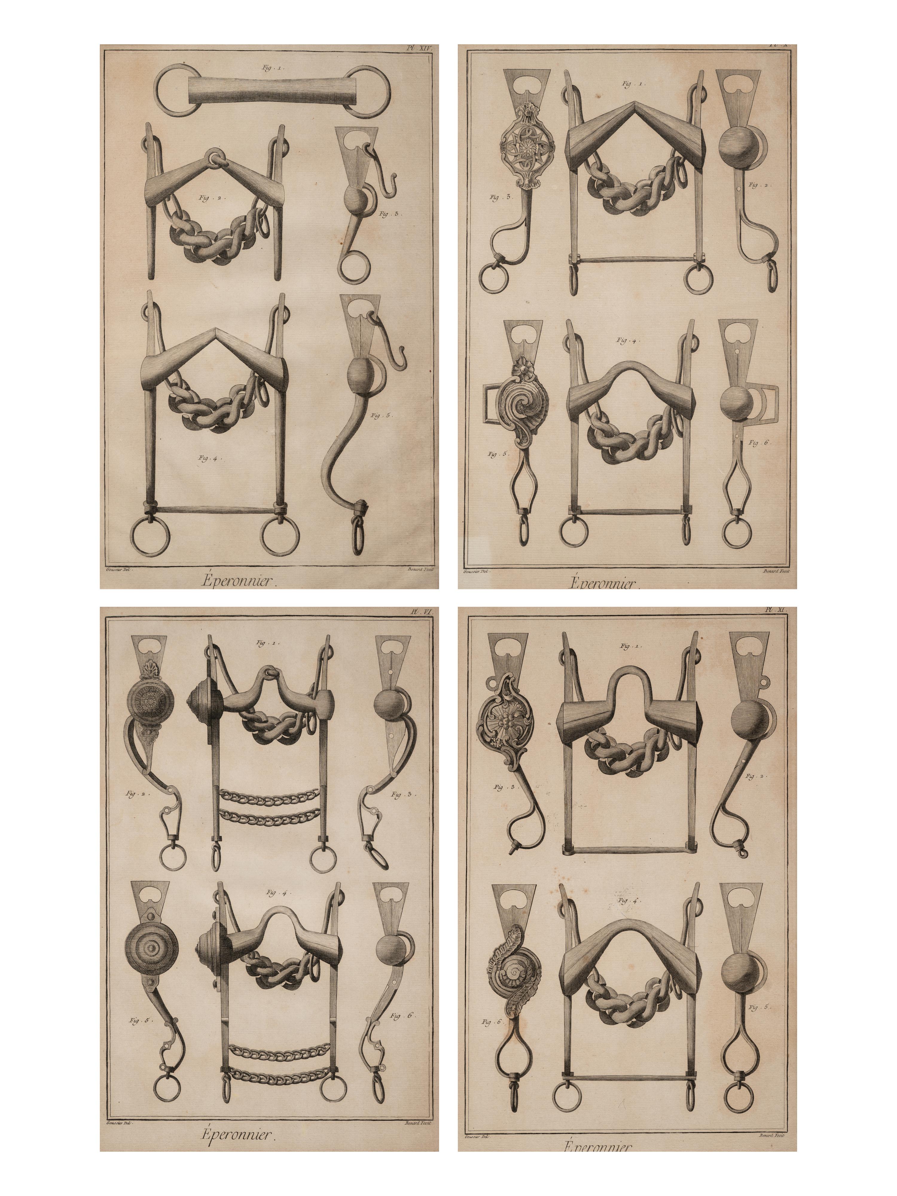 Four Engravings Depicting Horse Spurs, after Louis-Jacques Goussier