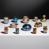 Group of Twelve Favrile Glass Cabinet Vases, Cordials and a Salt Shaker, c. 1910 Tiffany Studios