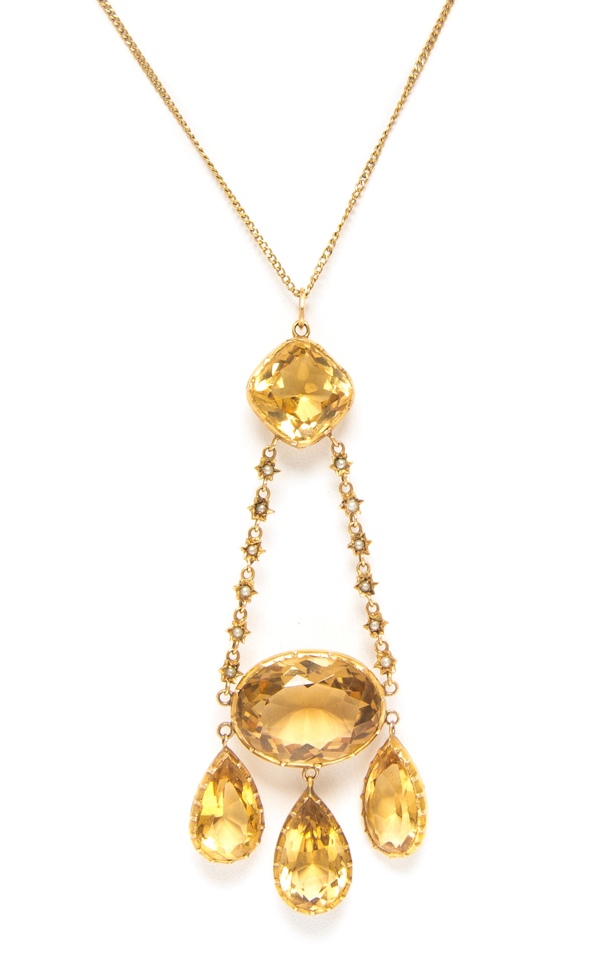An Antique 14 Karat Yellow Gold, Citrine and Seed Pearl Necklace, 6.50 dwts.