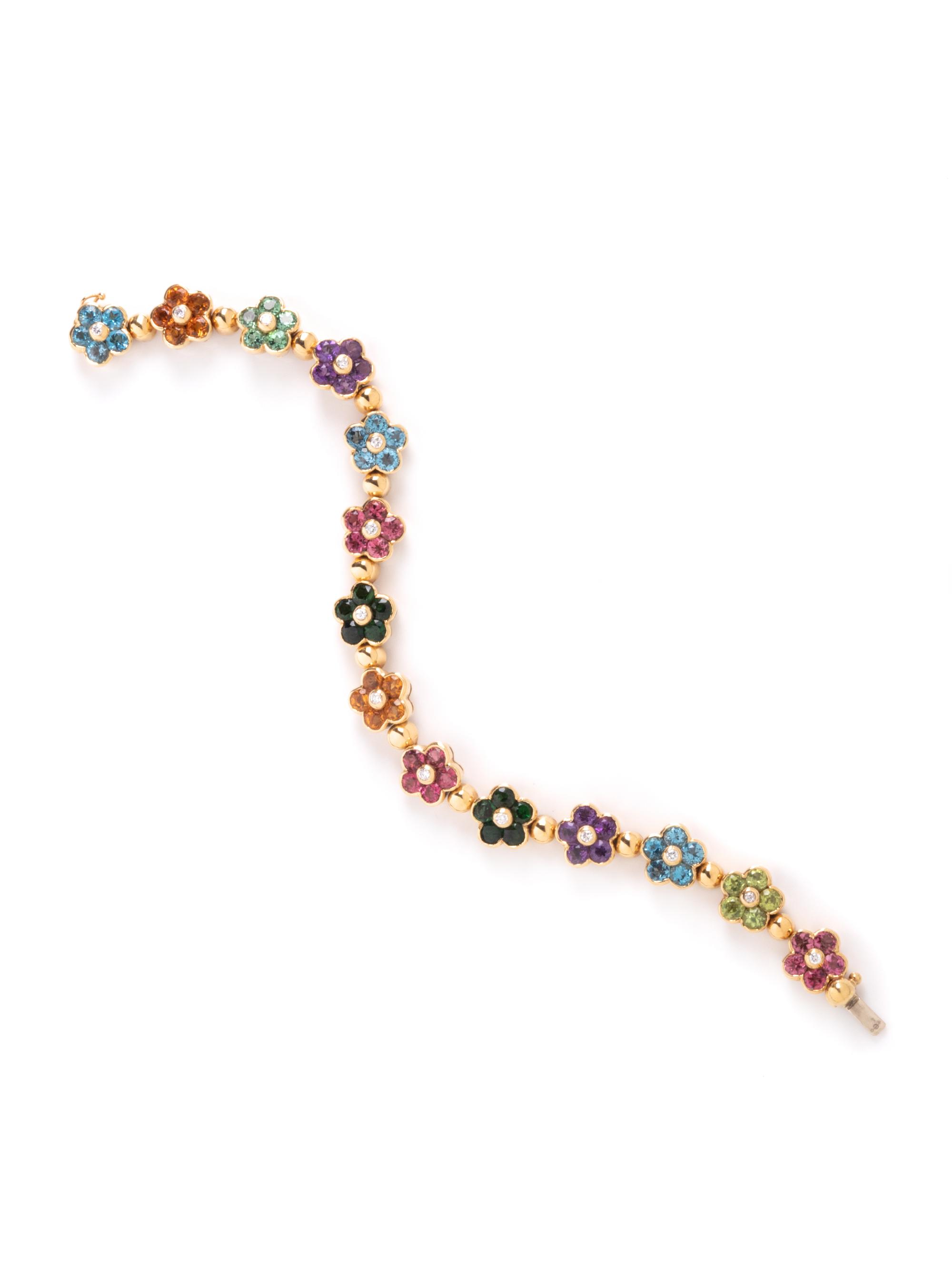 YELLOW GOLD, DIAMOND, AND MULTIGEM FLOWER BRACELET