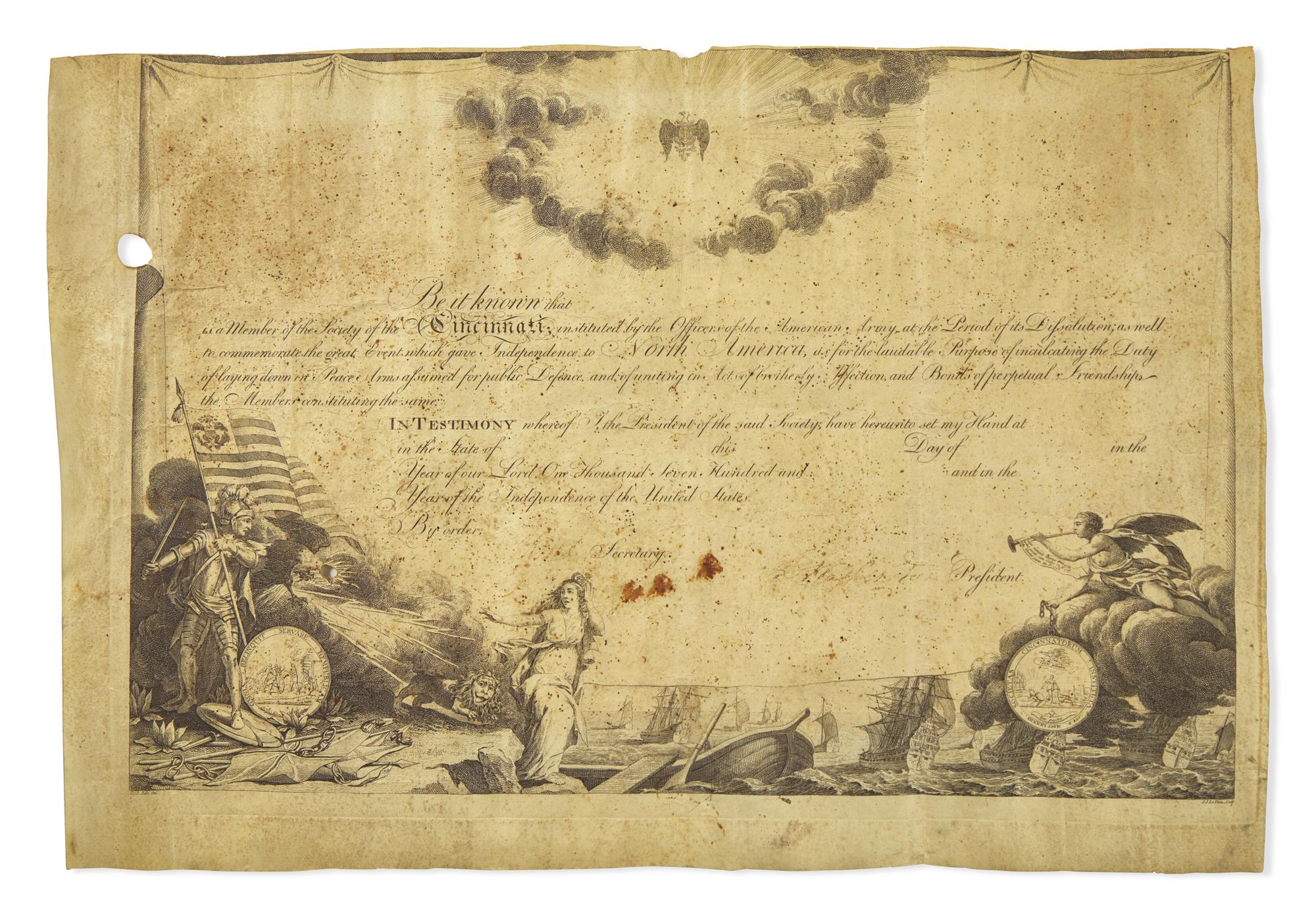 [Presidential] Washington, George. Signed Society of the Cincinnati Membership Certificate