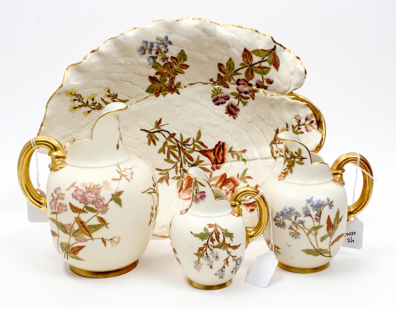 Four Royal Worcester Polychrome and Parcel-Gilt Porcelain Table Articles Width of tray 15 inches.