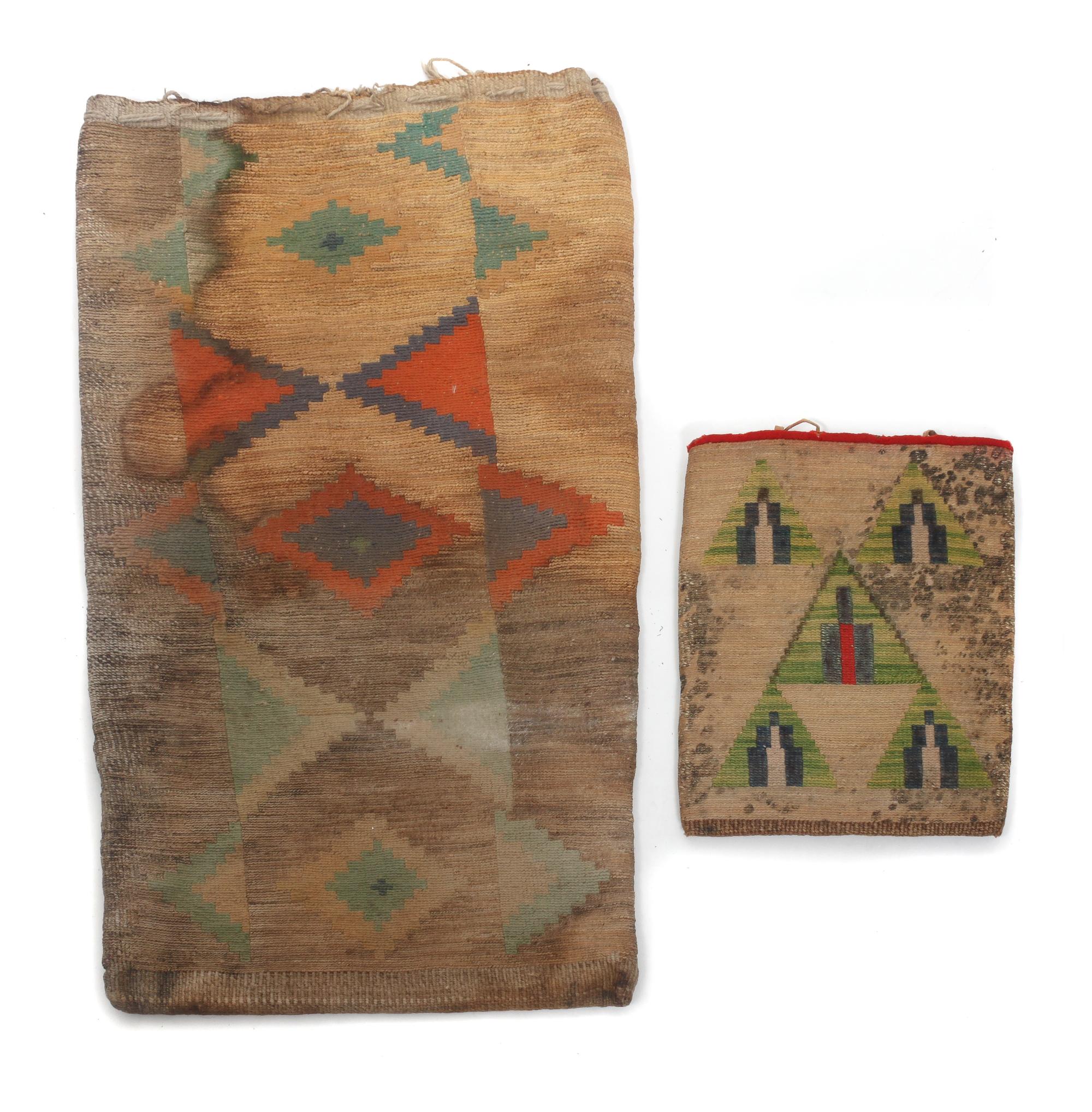 Two Nez Perce Corn Husk Bags Height of larger 24 1/2 x width 14 3/4 inches.