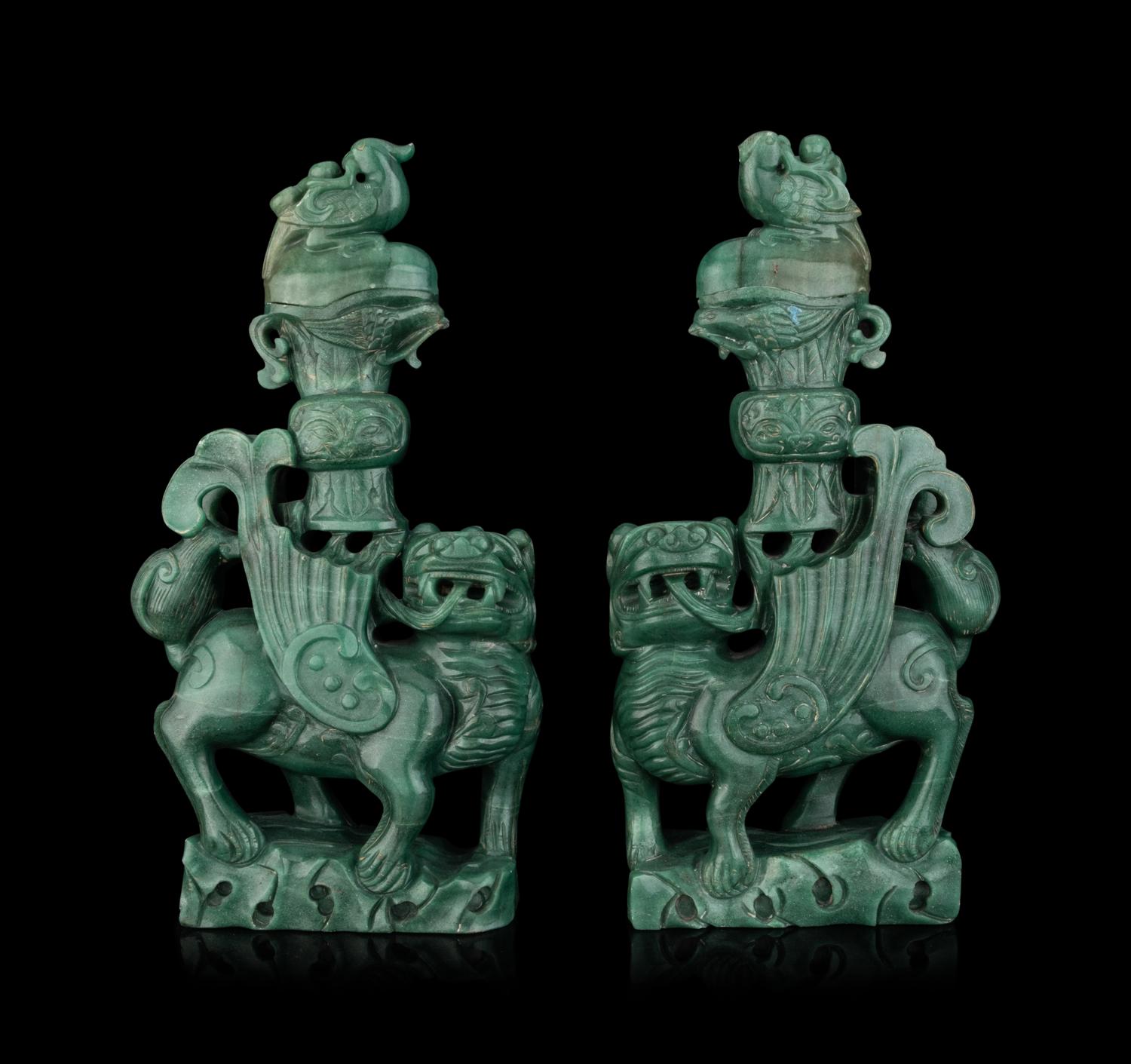 A Pair of Chinese Green Hardstone Mythical Beast-Form Covered Vases