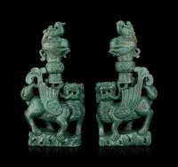 A Pair of Chinese Green Hardstone Mythical Beast-Form Covered Vases