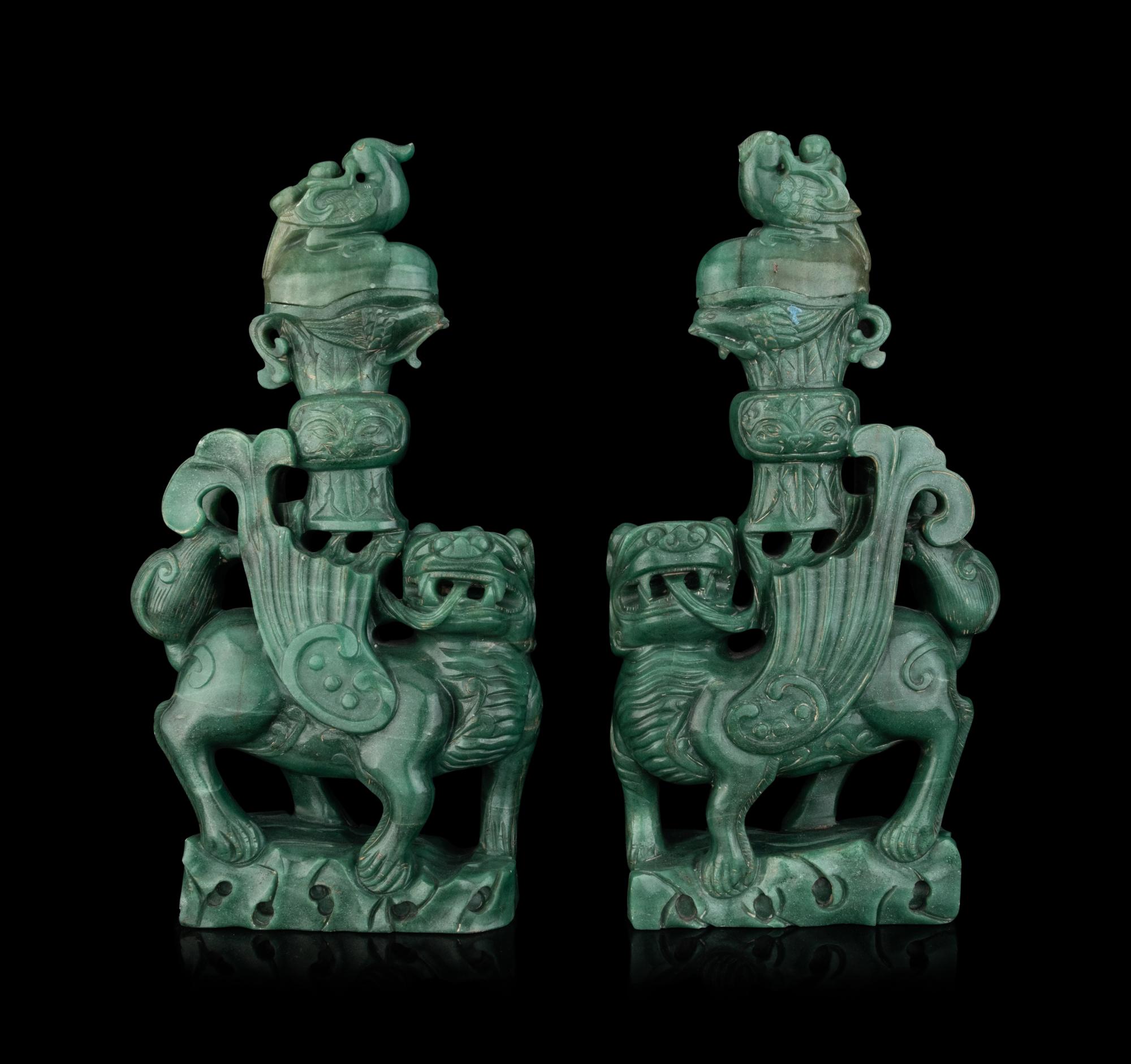 A Pair of Chinese Green Hardstone Mythical Beast-Form Covered Vases