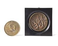 Attribued to Hans Jakob Bayr (German, 1574-1628), Two round bronze bas relief plaques depicting Apollo and Marsyas and the Rape of the Sabine Women