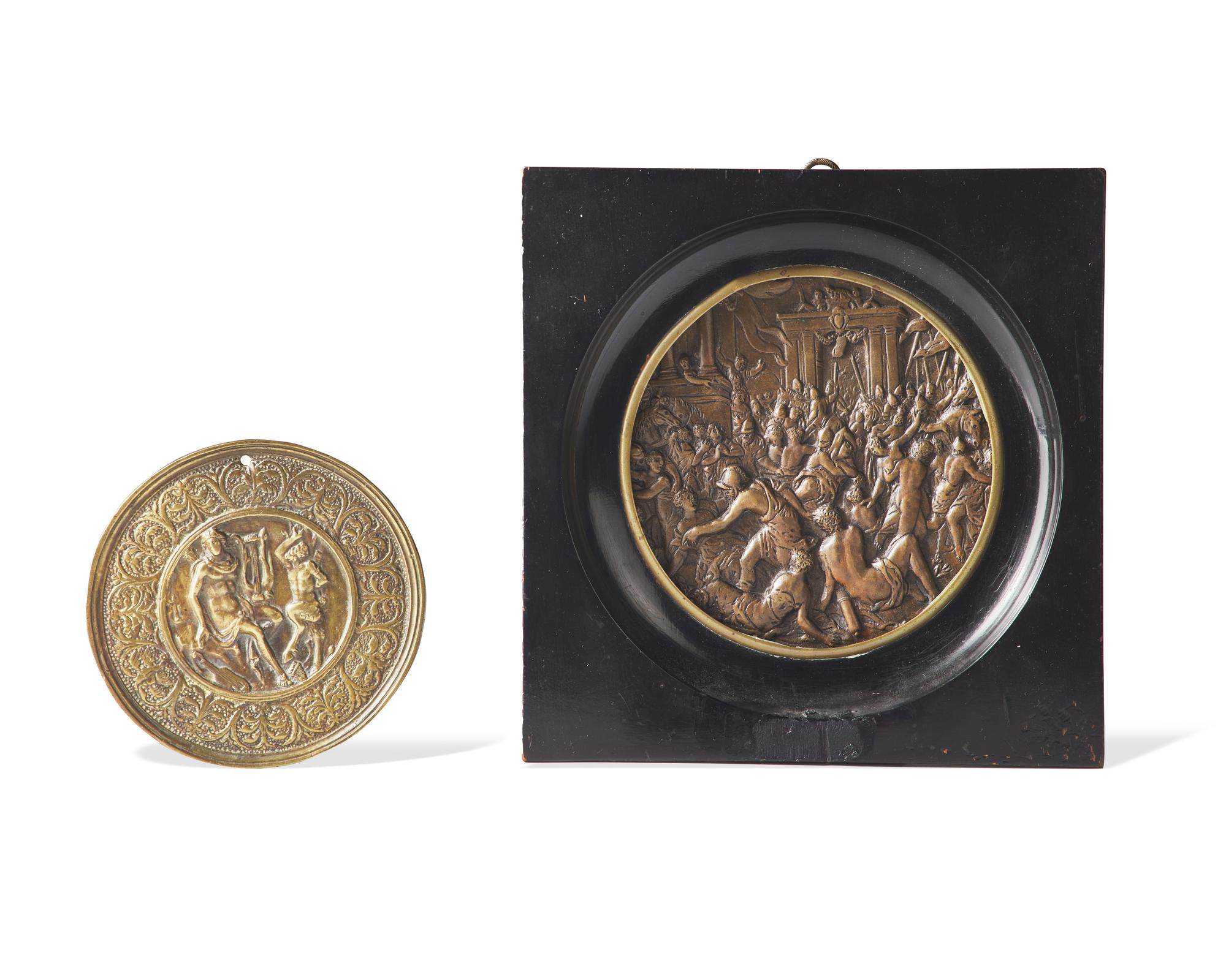 Attribued to Hans Jakob Bayr (German, 1574-1628), Two round bronze bas relief plaques depicting Apollo and Marsyas and the Rape of the Sabine Women