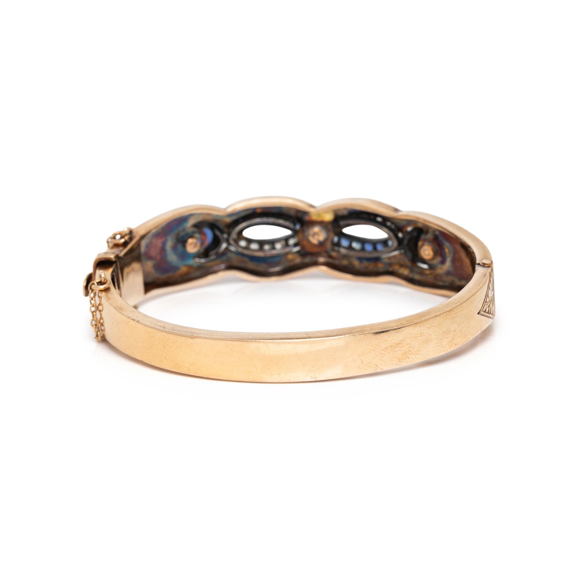 SAPPHIRE, DIAMOND, AND YELLOW GOLD BANGLE BRACELET
