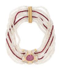 Sazingg, Moonstone and Ruby Beaded Choker Necklace
