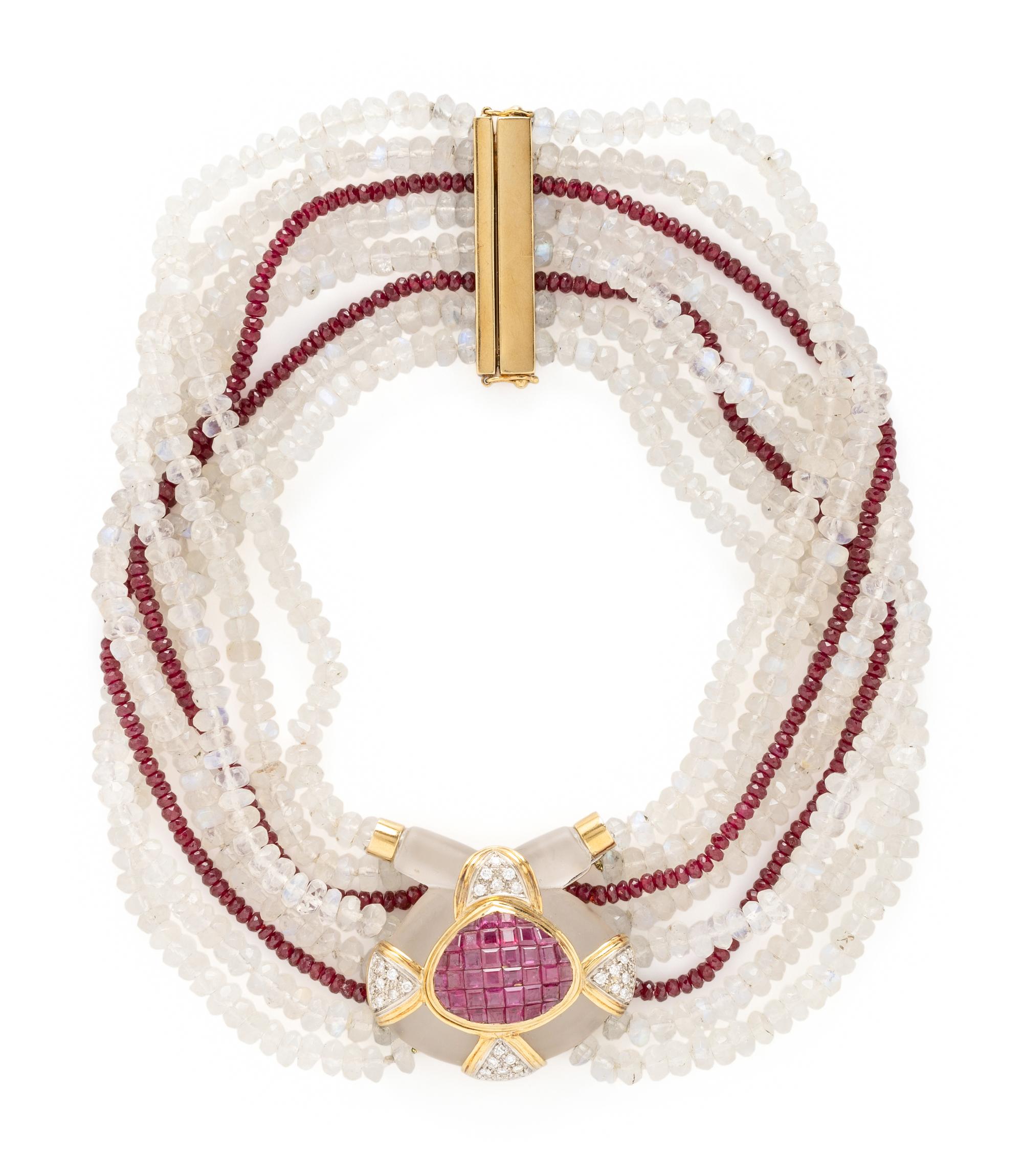 Sazingg, Moonstone and Ruby Beaded Choker Necklace