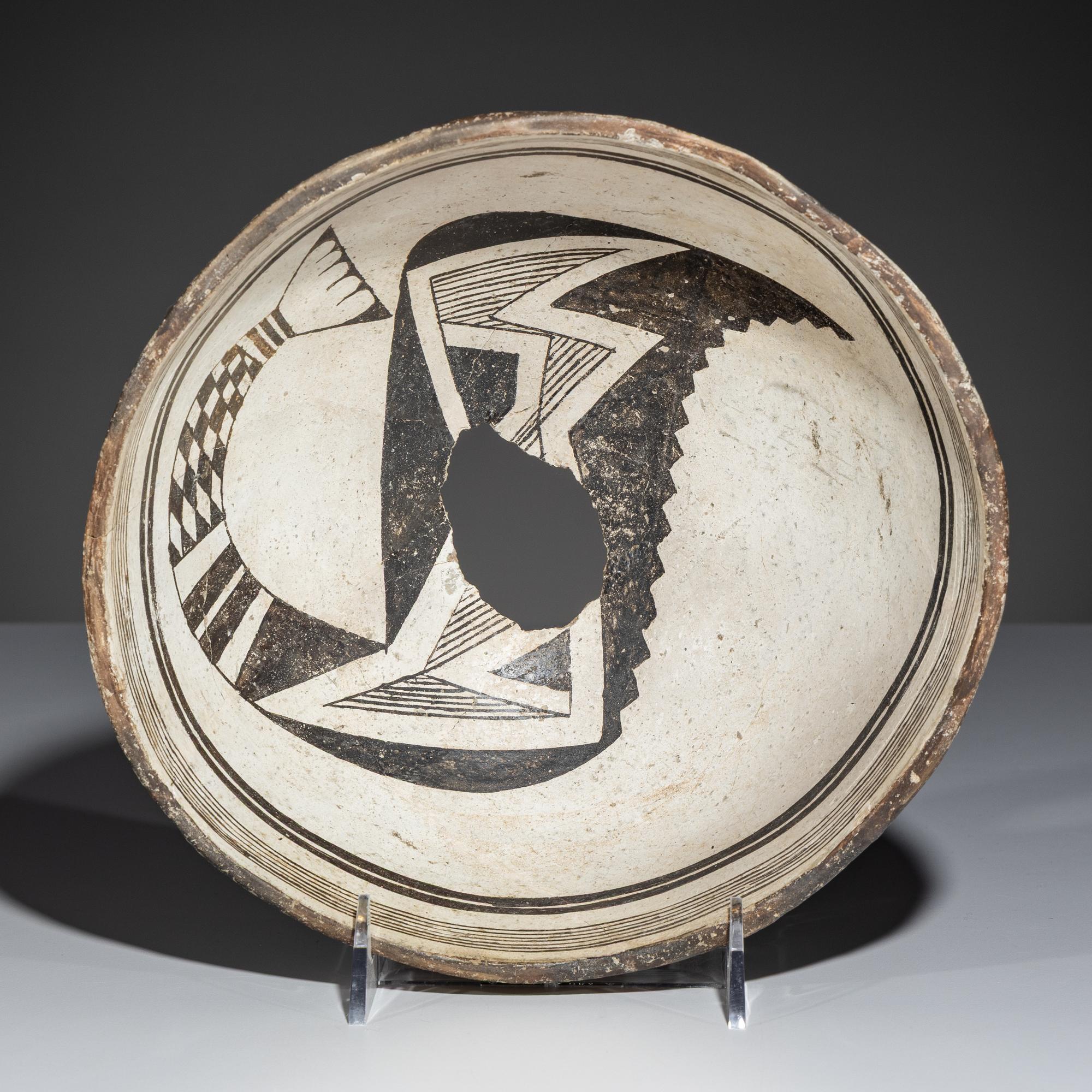 Ancestral Pueblo, Mimbres Black-on-White Pottery Bowl, Transformational Fish