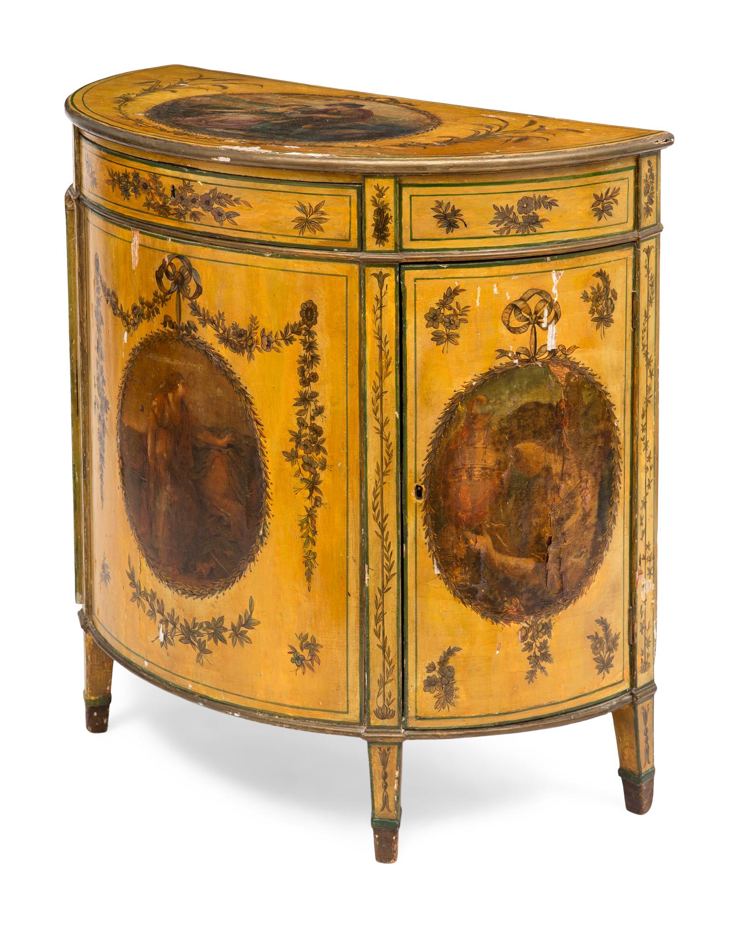 A George III Paint Decorated Demilune Cabinet