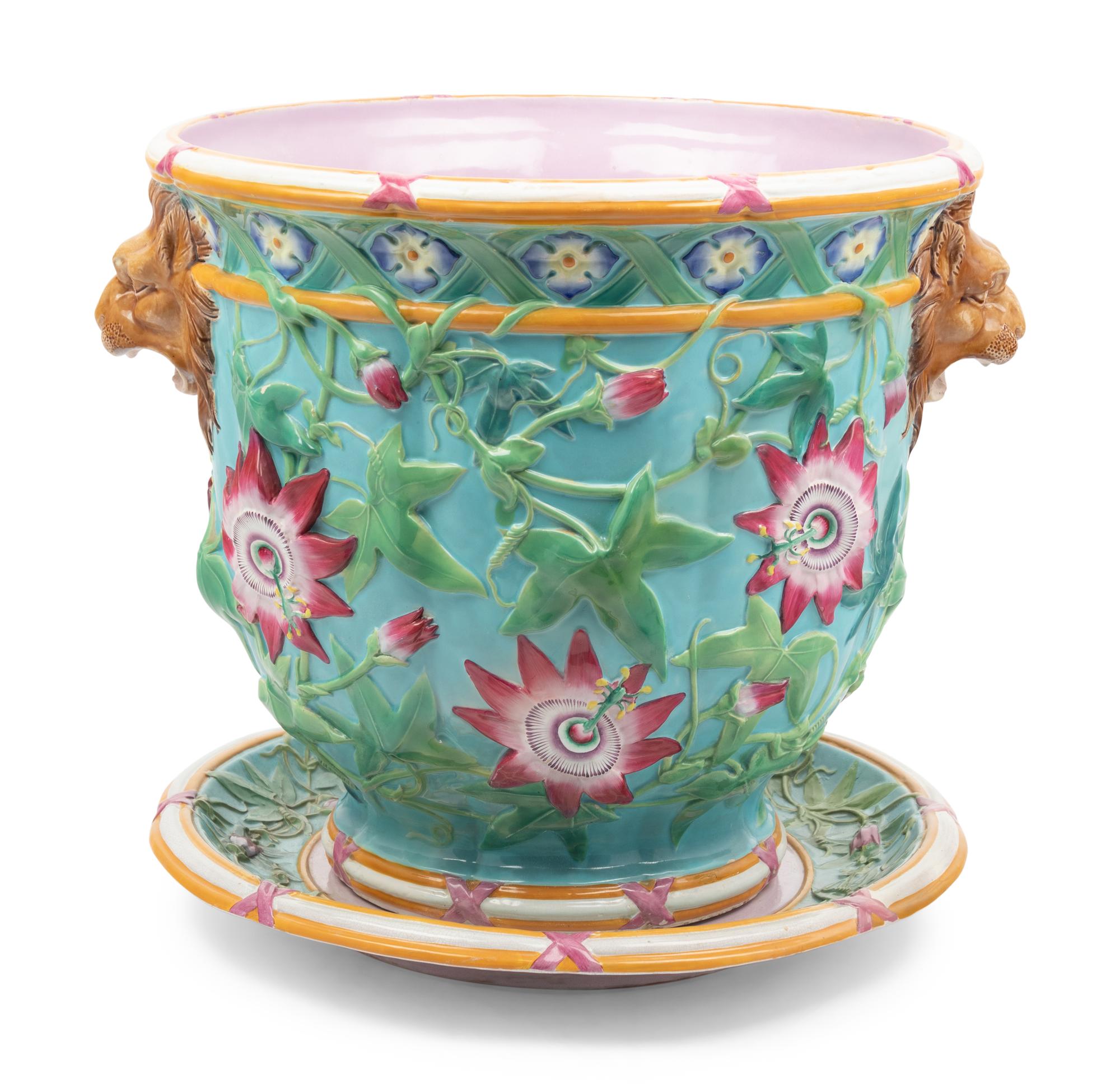 A Large Majolica Jardinière with Underplate