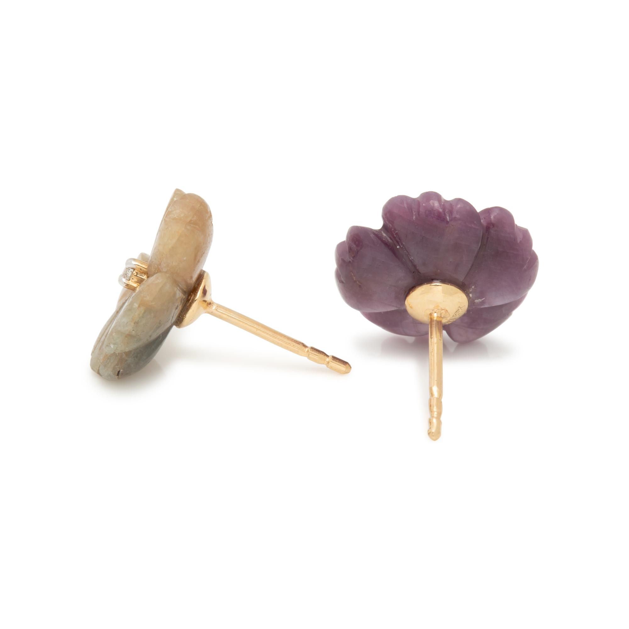 CARVED SAPPHIRE AND DIAMOND FLOWER EARRINGS