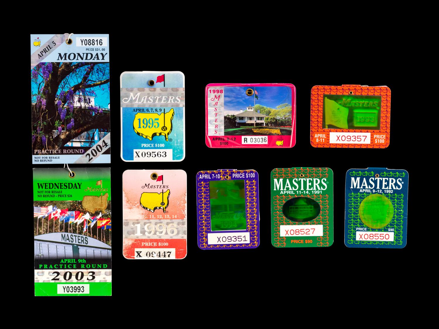 A Group of 29 1960s-2000s Masters Golf Tournament Augusta National Badges Including Tiger Woods' First Appearance