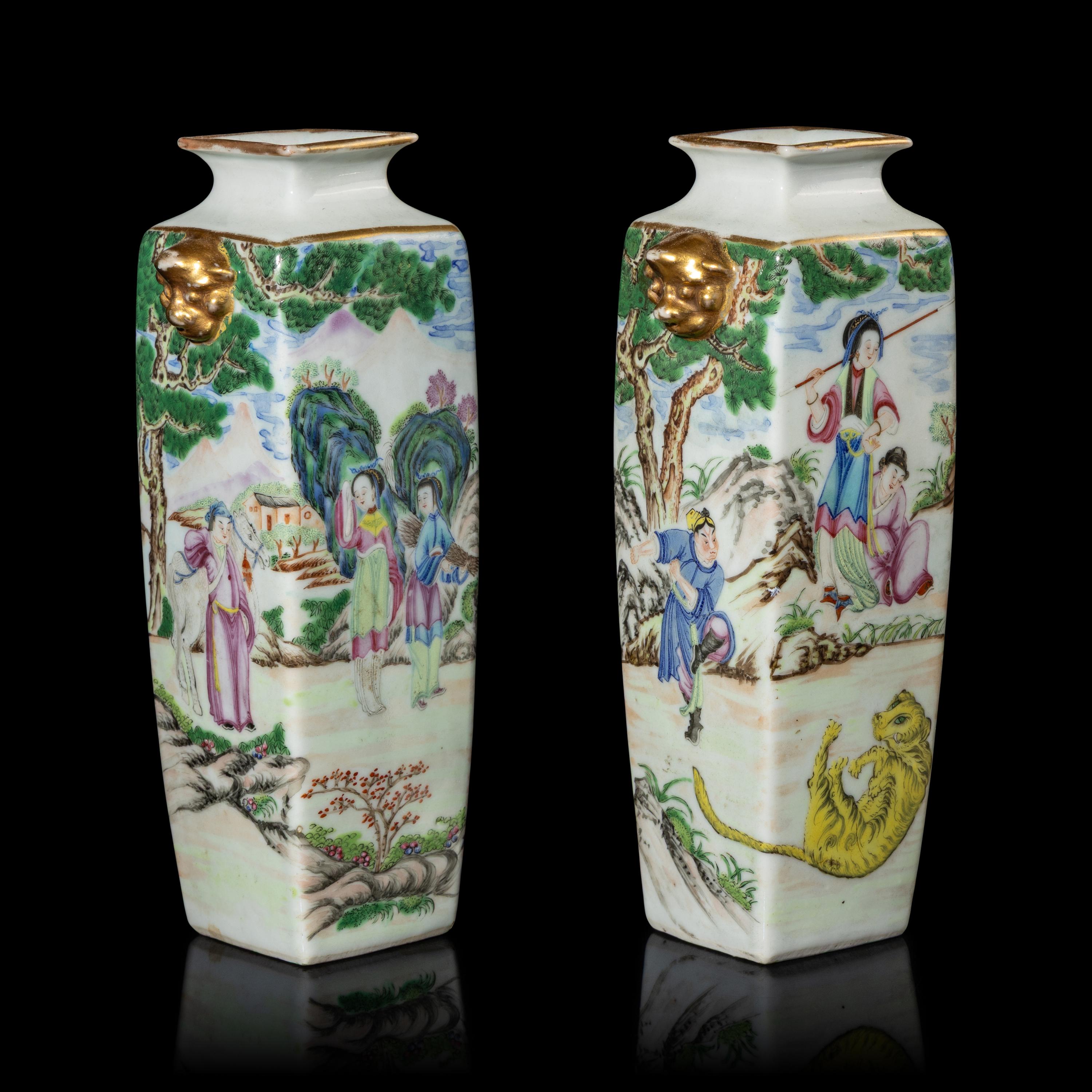 A Pair of Chinese Famille Rose Porcelain 'Figural' Square Vases, 19th-20th Century — 晚清-民國 粉彩武松打虎圖雙鋪首耳方瓶一對