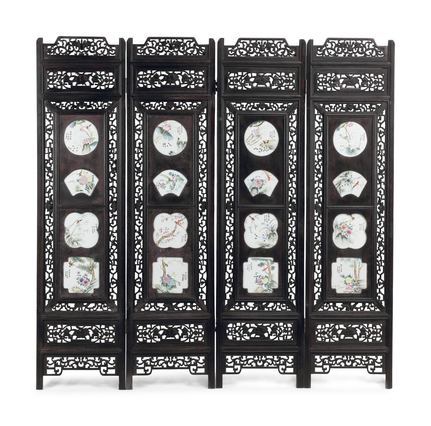 A Chinese Porcelain-Inset Carved Wood Four-Panel Screen