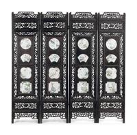 A Chinese Porcelain-Inset Carved Wood Four-Panel Screen