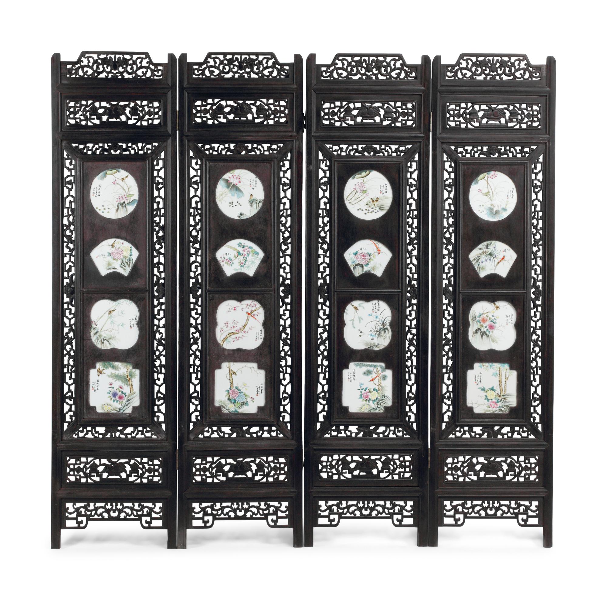 A Chinese Porcelain-Inset Carved Wood Four-Panel Screen