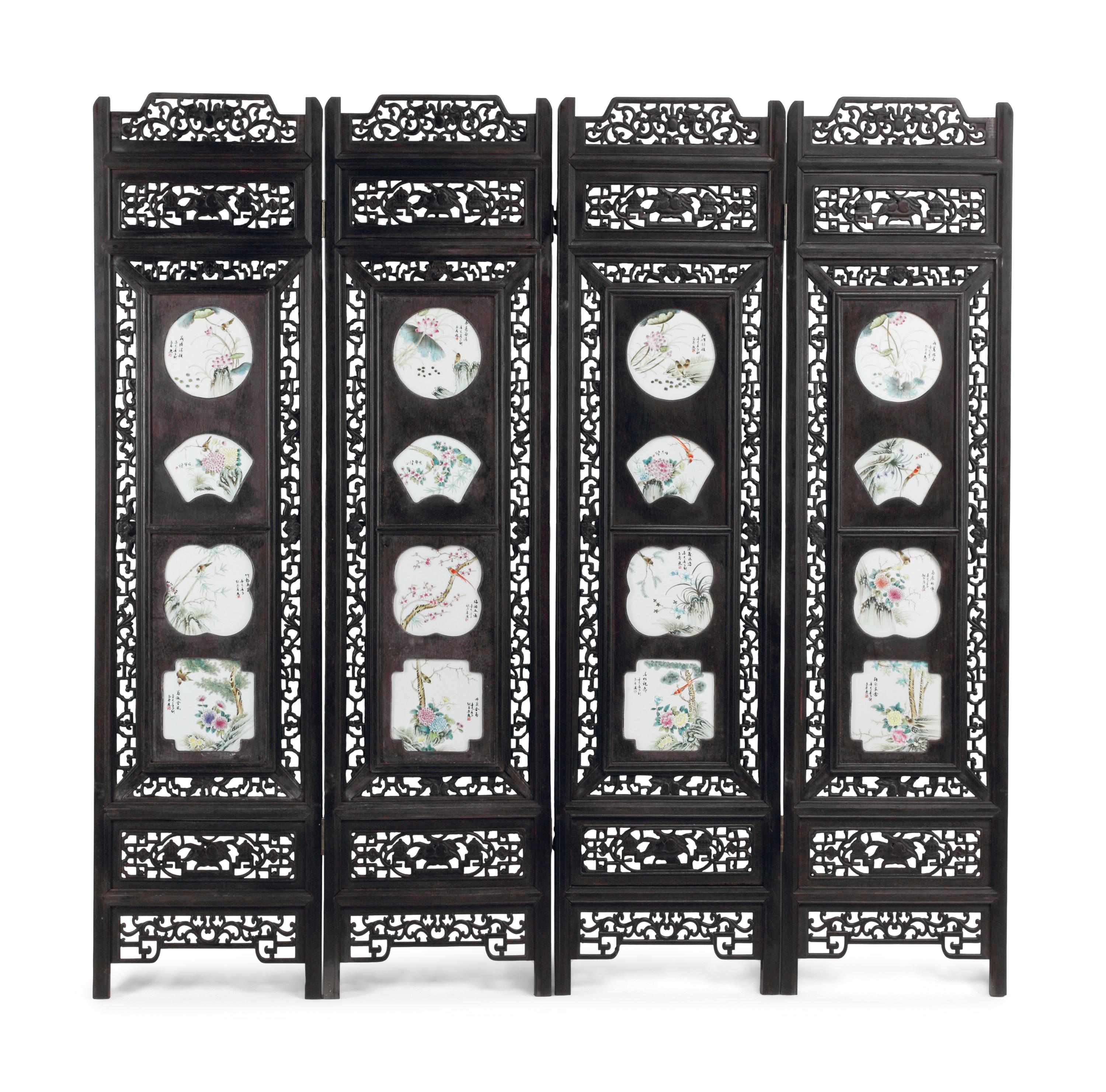 A Chinese Porcelain-Inset Carved Wood Four-Panel Screen