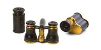 A Pair of French Leather Veneered Opera Glasses, Width of first 3 7/8 inches.