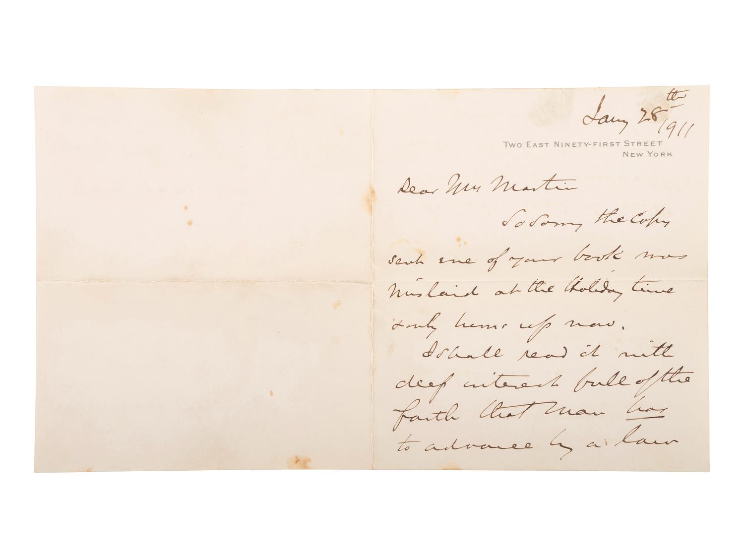 CARNEGIE, Andrew (1835-1919). Autograph letter signed ("Andrew Carnegie"), to Mr. John Martin. New York, 28 January 1911.