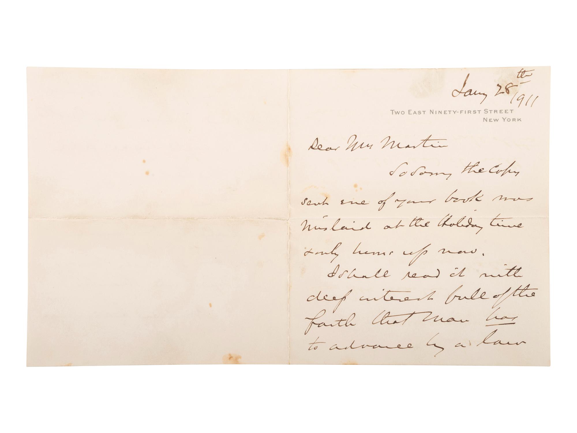 CARNEGIE, Andrew (1835-1919). Autograph letter signed ("Andrew Carnegie"), to Mr. John Martin. New York, 28 January 1911.