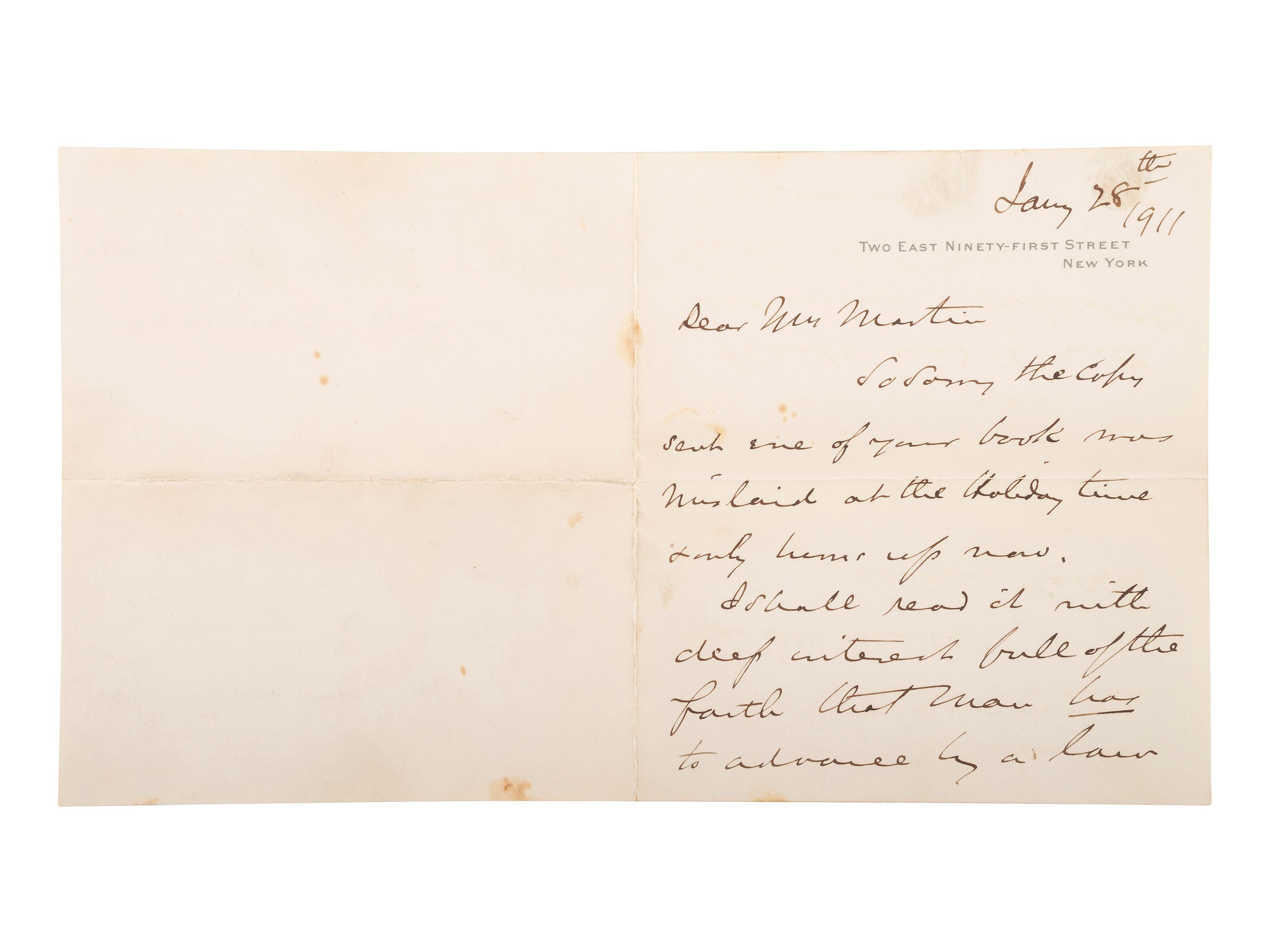 CARNEGIE, Andrew (1835-1919). Autograph letter signed ("Andrew Carnegie"), to Mr. John Martin. New York, 28 January 1911.
