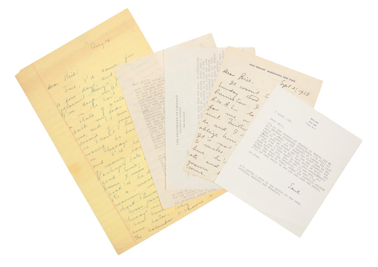 BELLOW, Saul (1915-2005). A group of 5 autograph and typed letters signed from Bellow to William Arrowsmith, 1950s and 1960s.