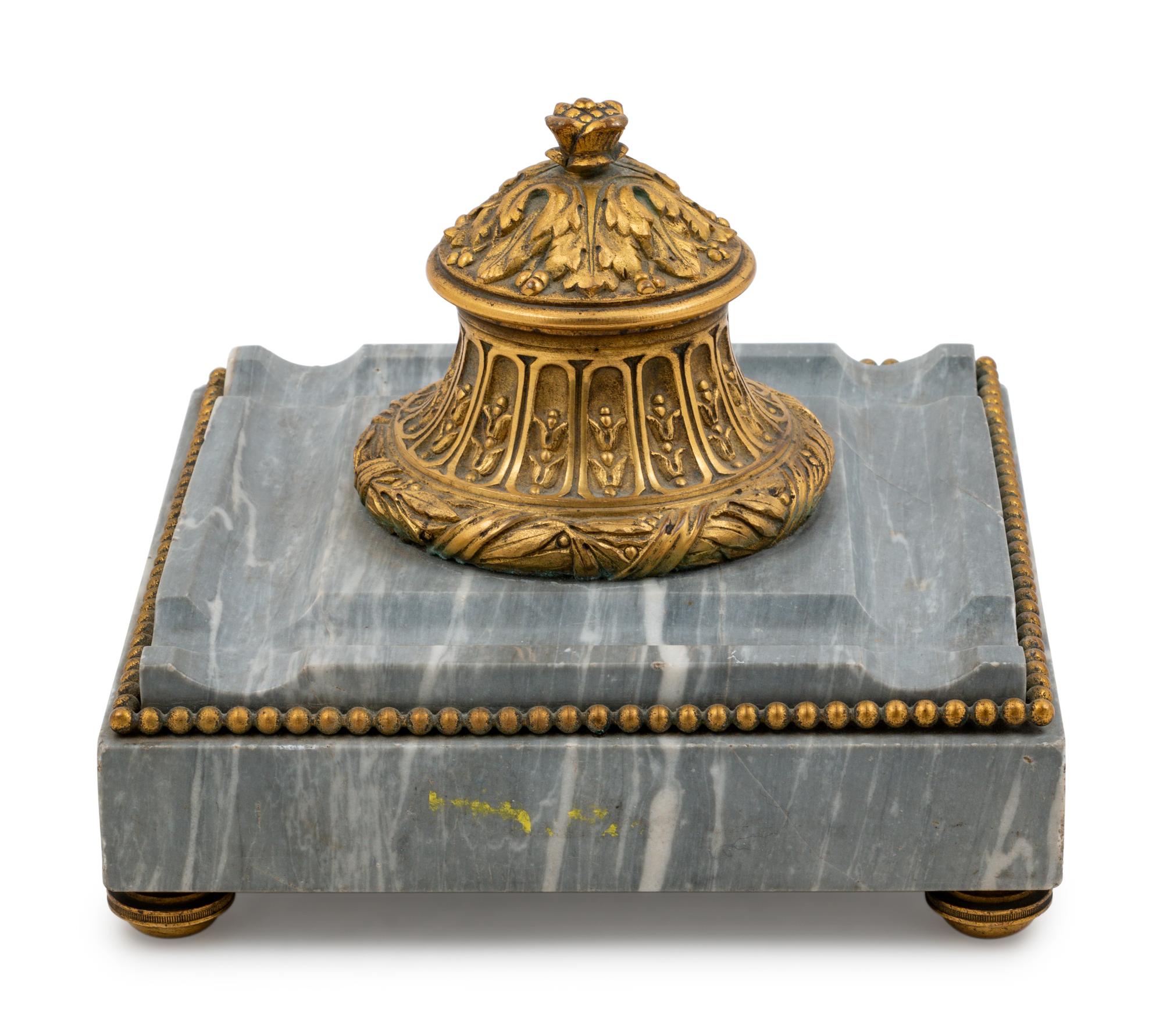 A Continental Gilt Bronze and Marble Inkwell