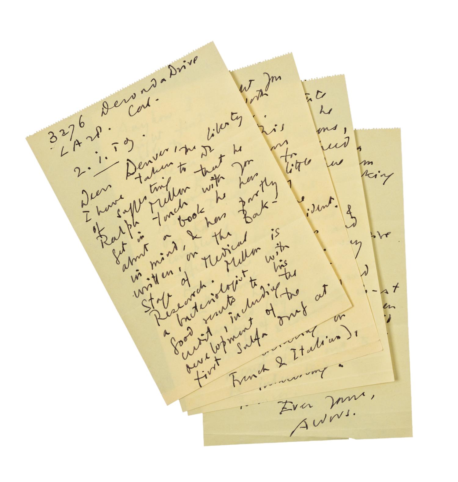 HUXLEY, Aldous (1894-1963). Autograph letter signed ("Aldous"), to Denver. Los Angeles, 2 January 1959.