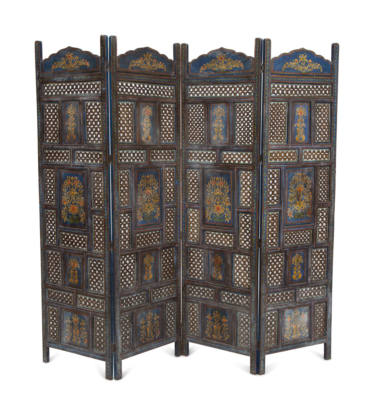 An Indian Painted and Pierce Carved Four Panel Floor Screen