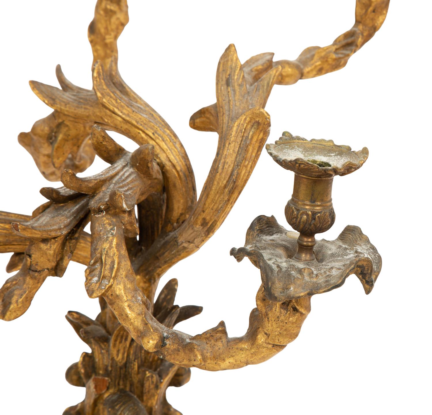 A Pair of Italian Carved Giltwood Five-Light Candelabra