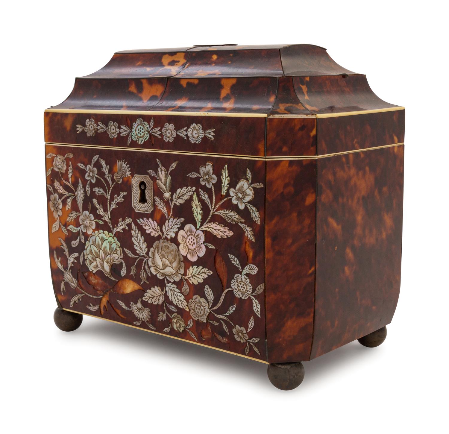 A Regency Mother-of-Pearl Inlaid Tortoiseshell Tea Caddy