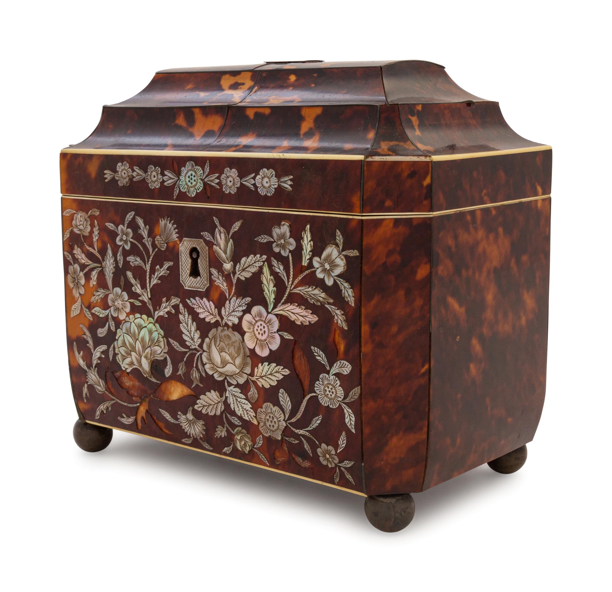 A Regency Mother-of-Pearl Inlaid Tortoiseshell Tea Caddy