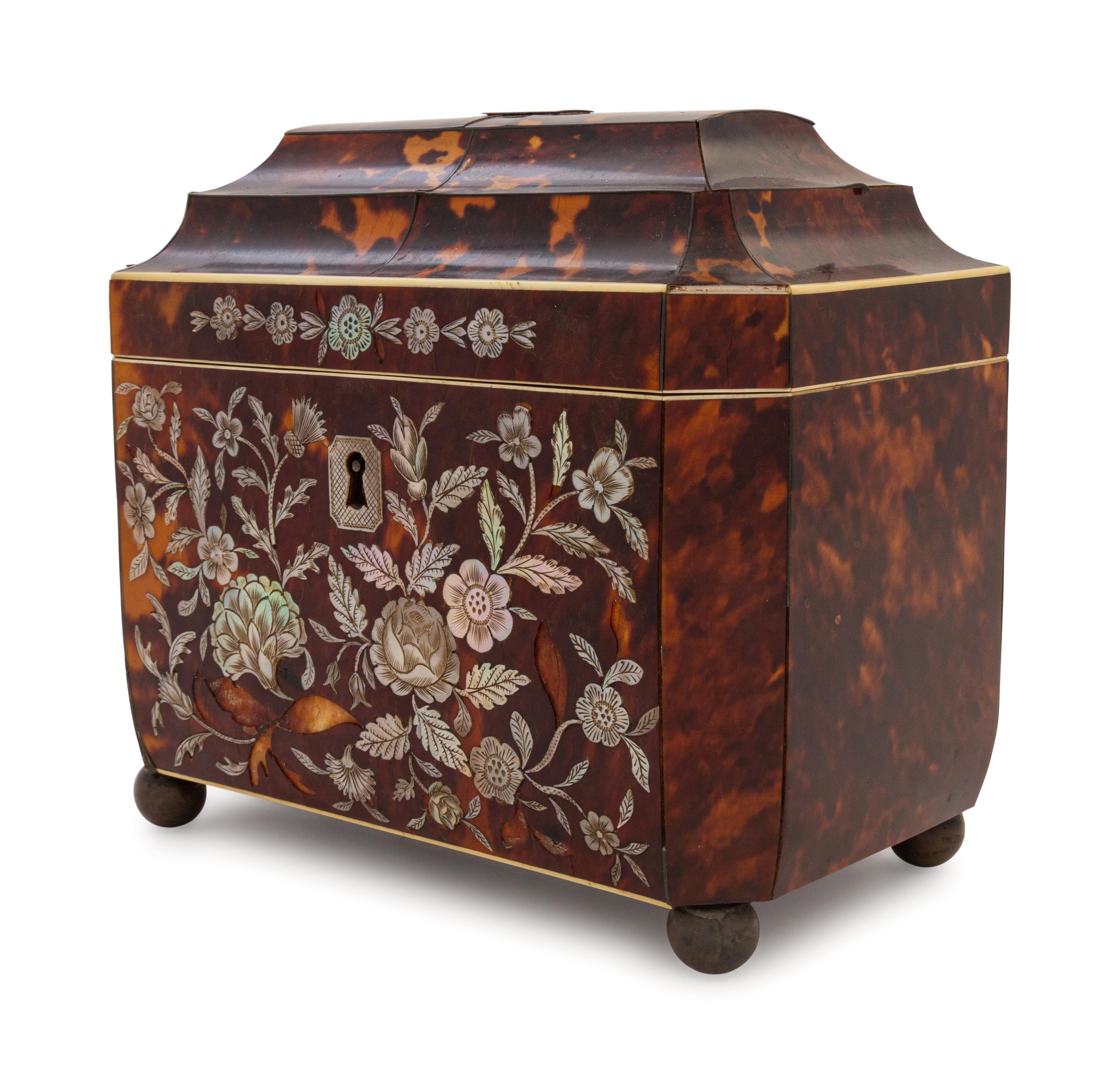 A Regency Mother-of-Pearl Inlaid Tortoiseshell Tea Caddy