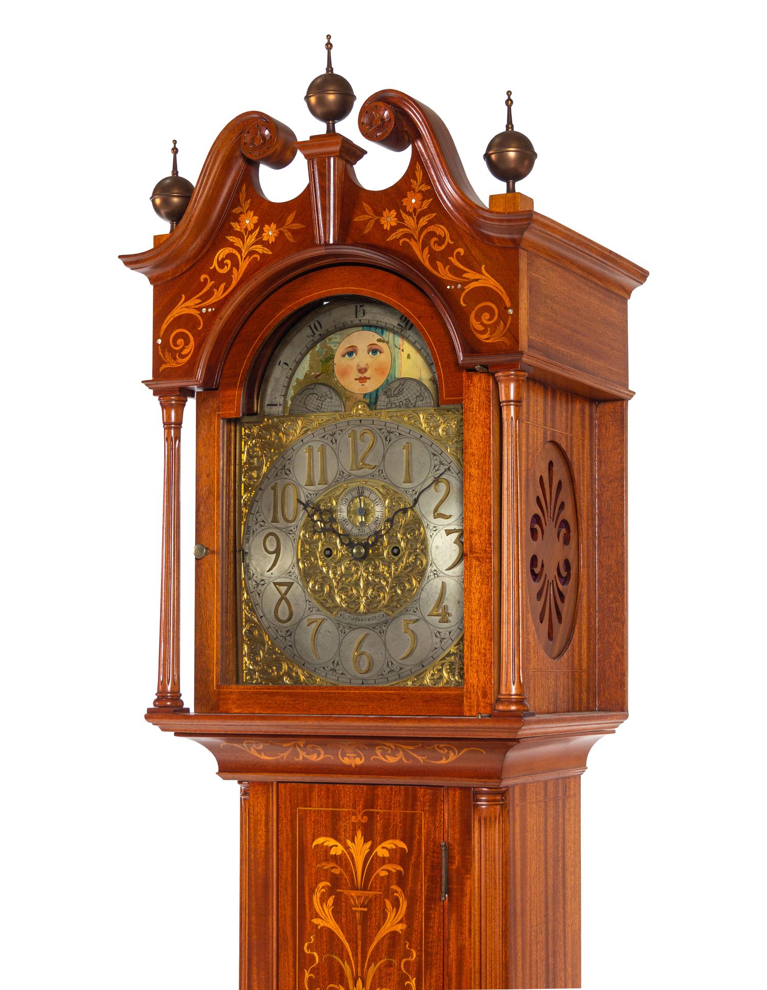 A Chippendale Style Marquetry Tall Case Clock Retailed by Tiffany & Co.