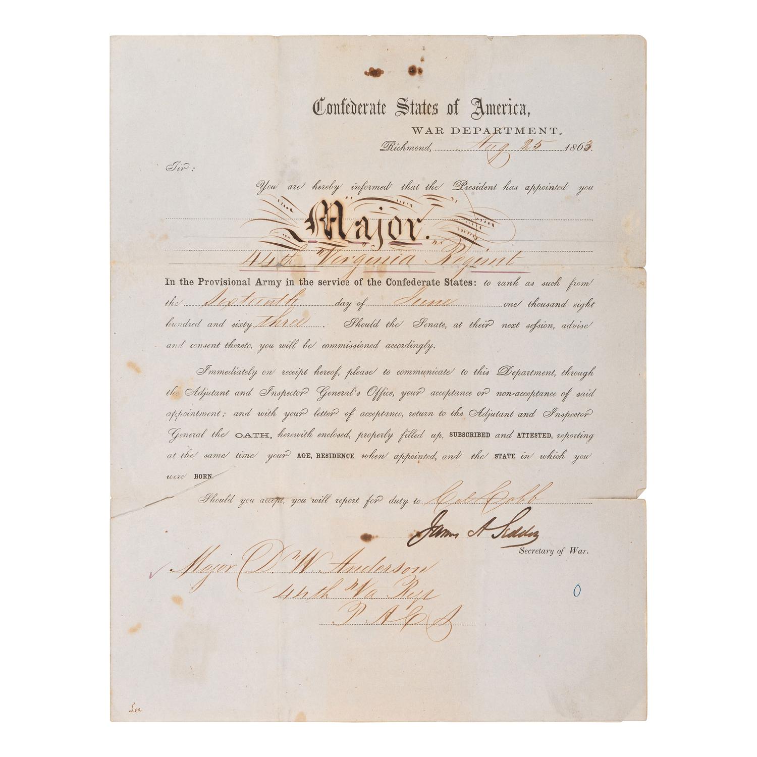[CIVIL WAR]. SEDDON, James A. (1815-1880). Document signed ("James A. Seddon"), as Confederate States Secretary of War. Richmond, VA, 25 August 1863.