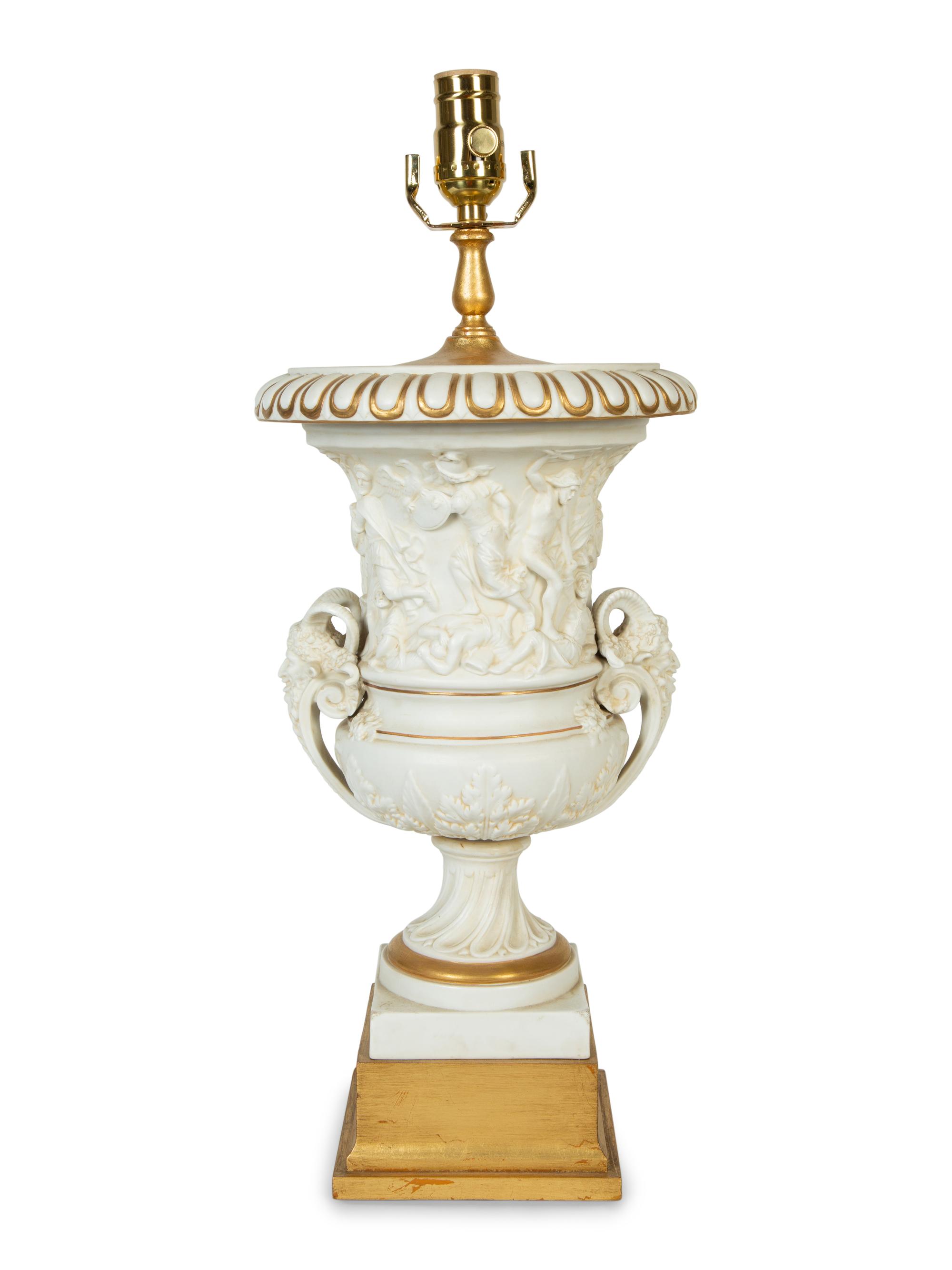 A Neoclassic Style Bisque Porcelain Urn Mounted as a Lamp