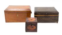 Three Wood Tea Caddies Height of largest 6 1/2 x length 12 x depth 6 1/4 inches.