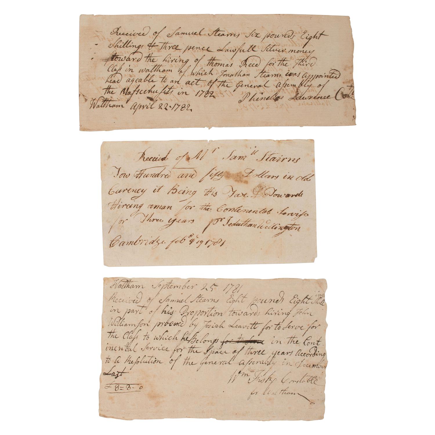 [REVOLUTIONARY WAR]. Group of 3 pay receipts for the hire of a substitute soldier identified to Samuel Stearns of Waltham, Massachusetts.