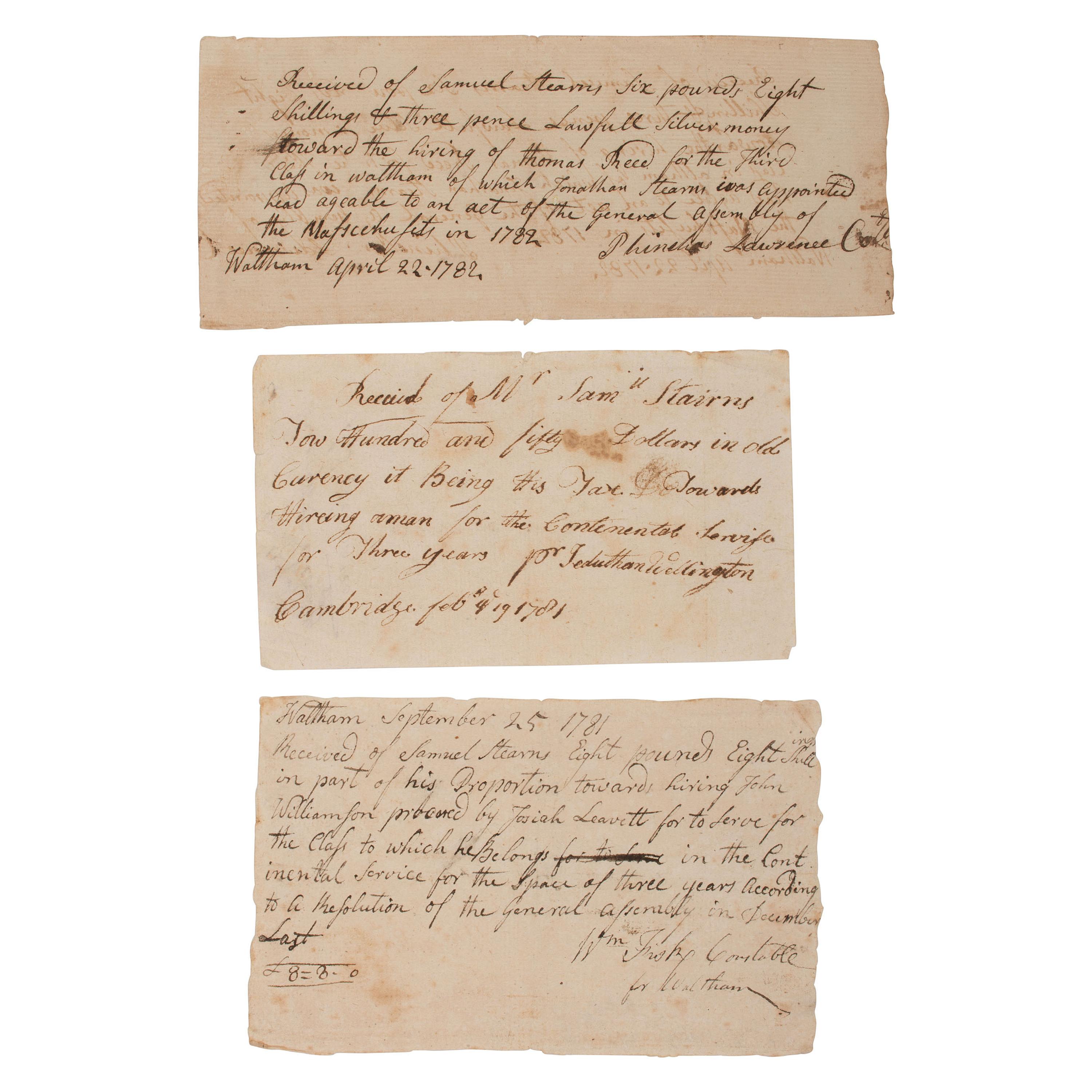 [REVOLUTIONARY WAR]. Group of 3 pay receipts for the hire of a substitute soldier identified to Samuel Stearns of Waltham, Massachusetts.