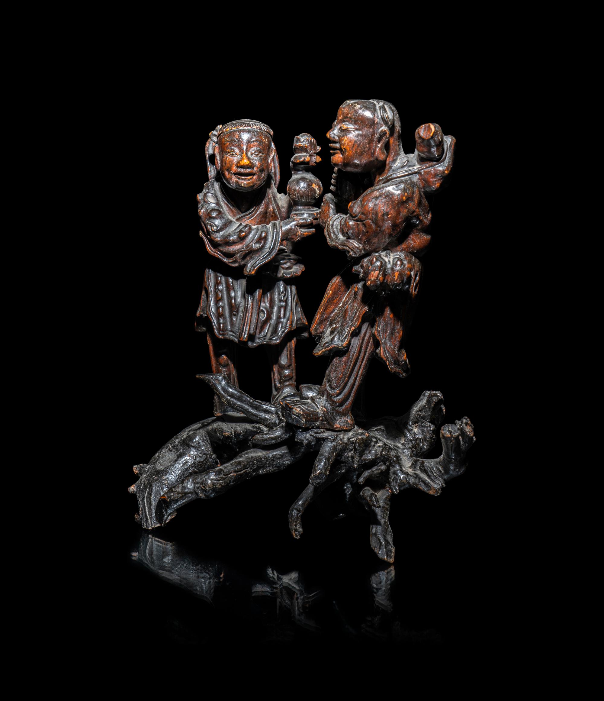 A Chinese Carved Wood Figure of Immortals Hehe Erxian